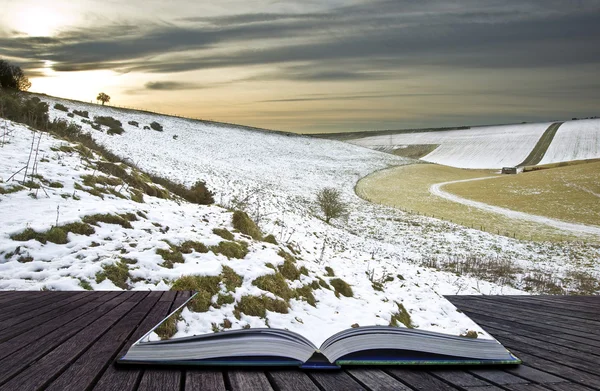 Concetto creativo idea di paesaggio invernale che esce da pagine in — Foto Stock