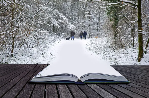 Creative concept idea of Winter landscape coming out of pages in — Stock Photo, Image