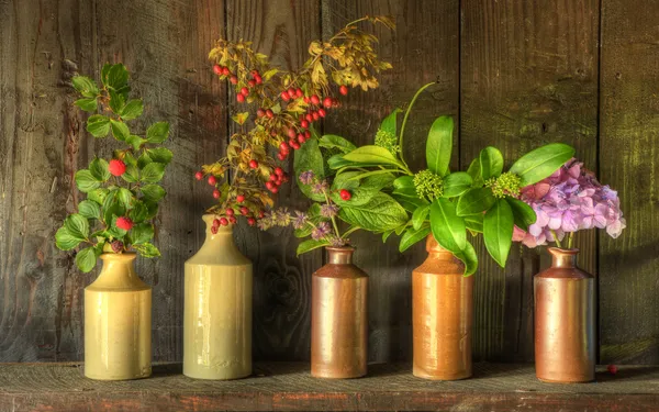 Retro stil stilleben av torkade blommor i vas mot slitna woo — Stockfoto