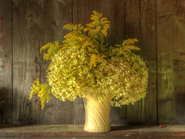 Natura morta stile retrò di fiori secchi in vaso contro corteggiamento indossato — Foto Stock