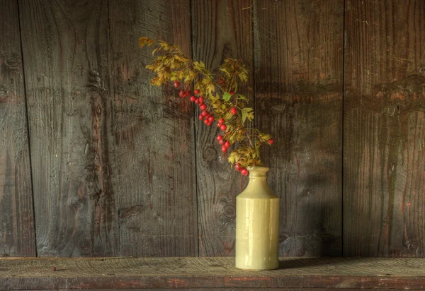 Estilo retro ainda vida de flores secas em vaso contra woo desgastado — Fotografia de Stock