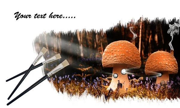 Творческое концептуальное изображение сказочных грибных домиков в лесу на p — стоковое фото