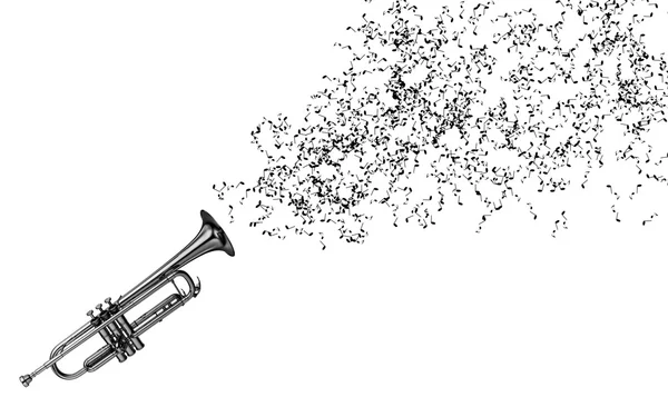 Trumpet isolerad på vitt med musiknoter från slutet — Stockfoto