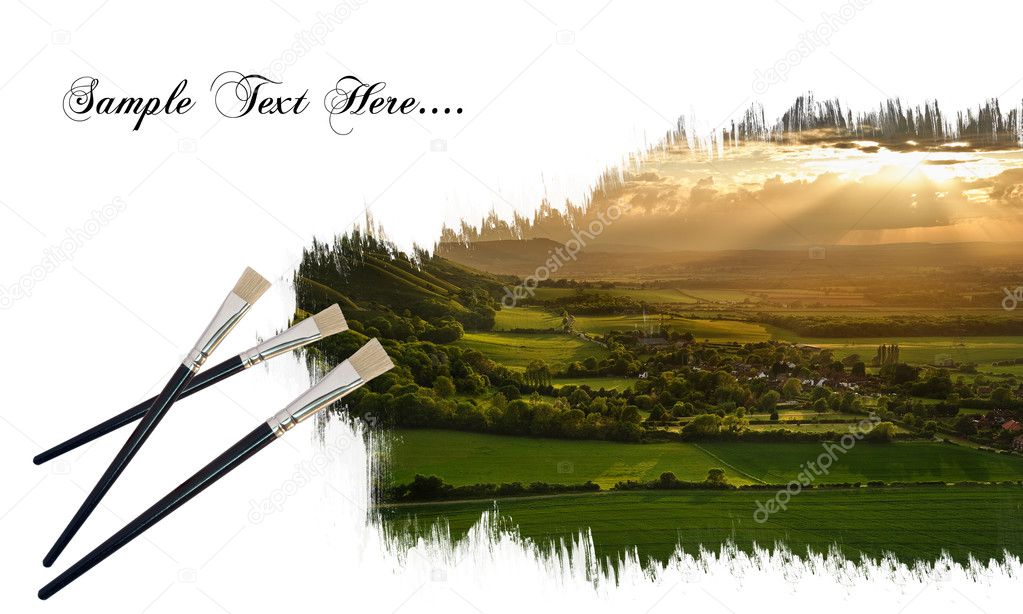 Creative concept image of paint brushes painting landscape on pa