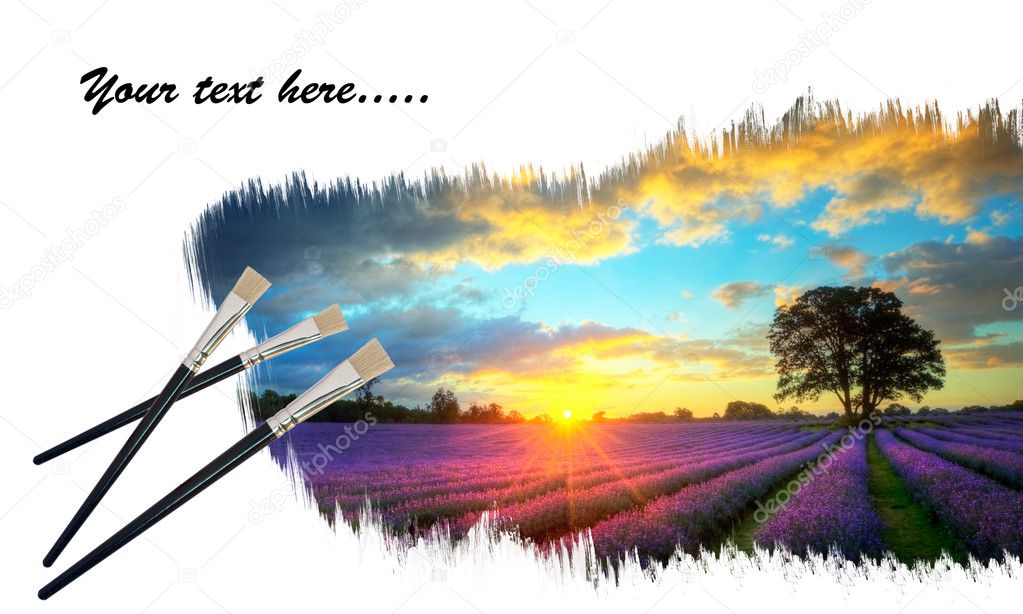 Creative concept image of paint brushes painting stunning lavend