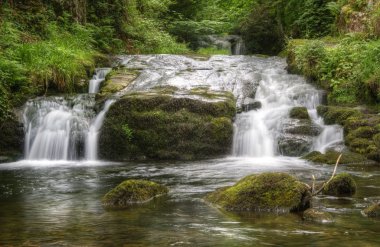 Stunning waterfall flowing over rocks through lush green forest clipart