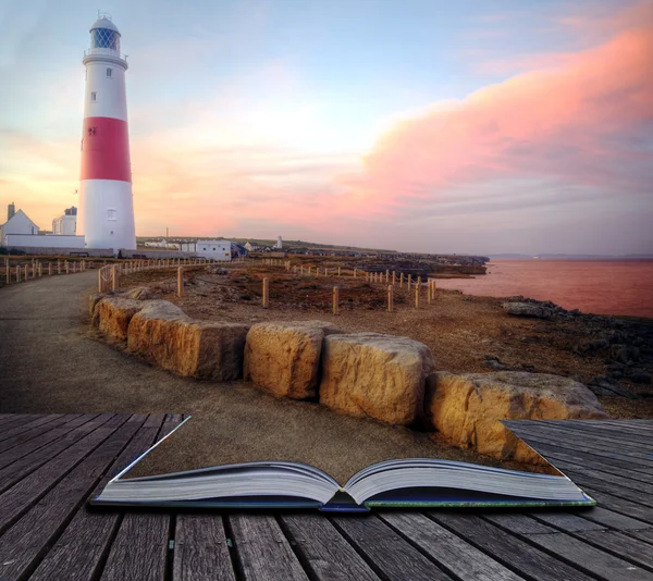 Creative concept image of lighthouse landscape coming out of pag — Stock Photo, Image