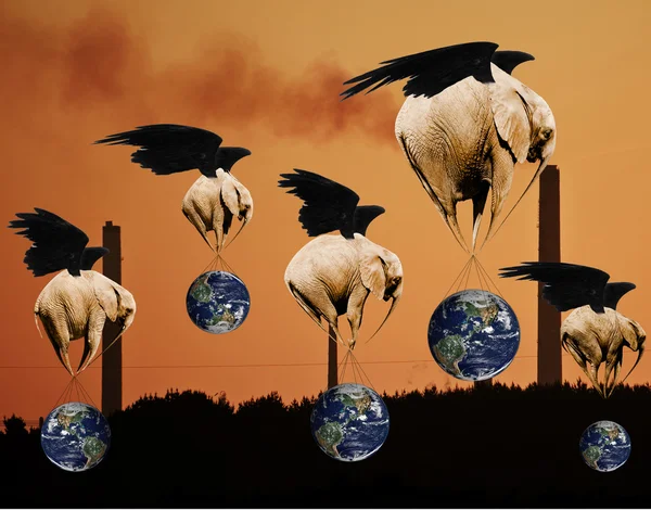 Creative concept of flying elephants saving planet Earth from po — Stock Photo, Image