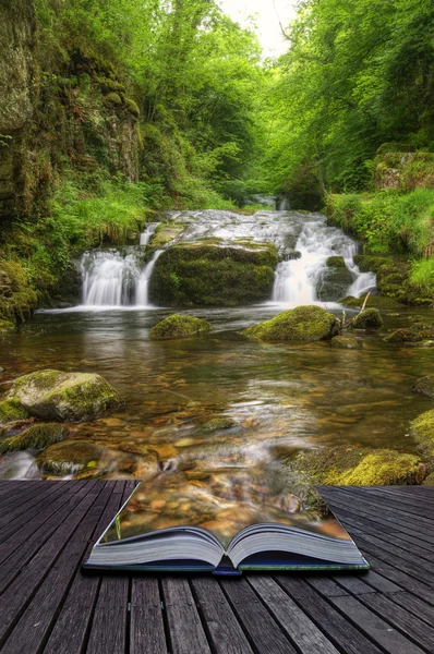 Творческий концептуальный образ струящегося лесного водопада, выходящего — стоковое фото