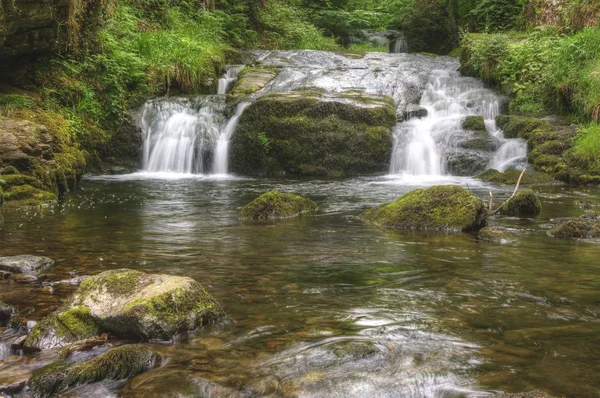 Splendida cascata che scorre sulle rocce attraverso una lussureggiante foresta verde — Foto Stock