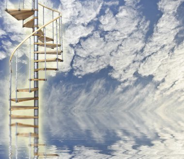 Spiral stairway to heaven glows against blue sky and reflection clipart