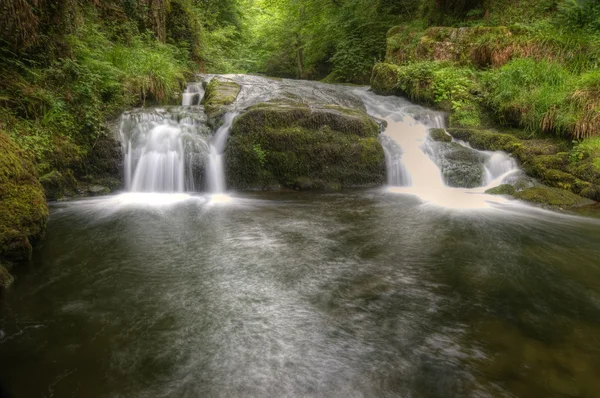 Приголомшливий водоспад тече по скелях через пишний зелений ліс — стокове фото
