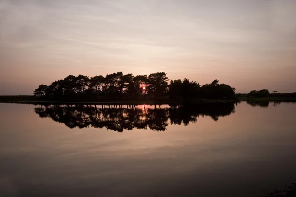 Poner el sol brilla a través de los árboles y se refleja en el lago todavía wate — Foto de Stock