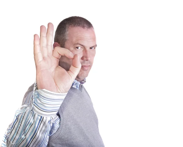 Portrait of middle aged caucasian male making okay sign with his — Stock Photo, Image