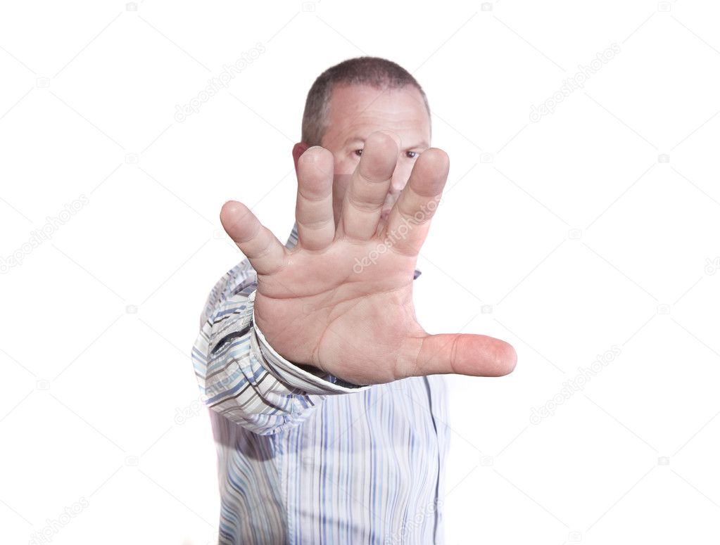 Portrait of middle aged caucasian male holds his hand out to sto