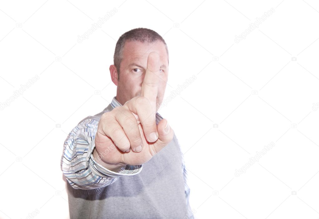 Portrait of middle aged caucasian male making number one sign wi