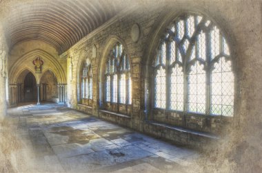 Retro grunge effect on cathedral cloisters image clipart