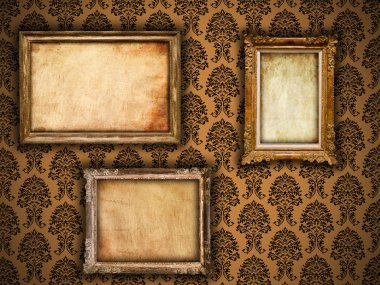 Vergulde vintage frames op damast wallpaper achtergrond met grunge