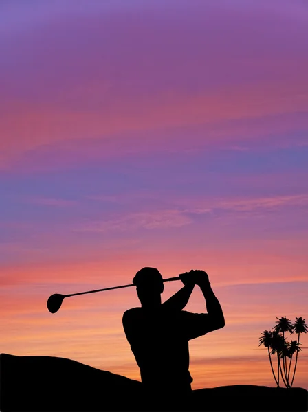Golfer silhouette against colorful sunset sky — Stock Photo, Image