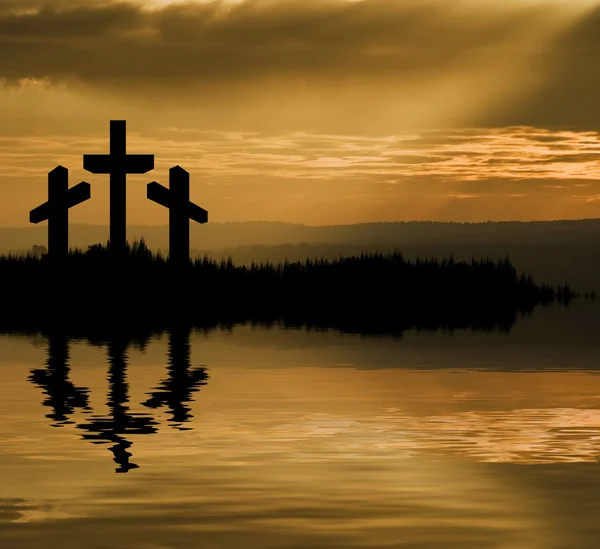 Jesus Christus Kreuzigung am Karfreitag Silhouette spiegelt sich in — Stockfoto