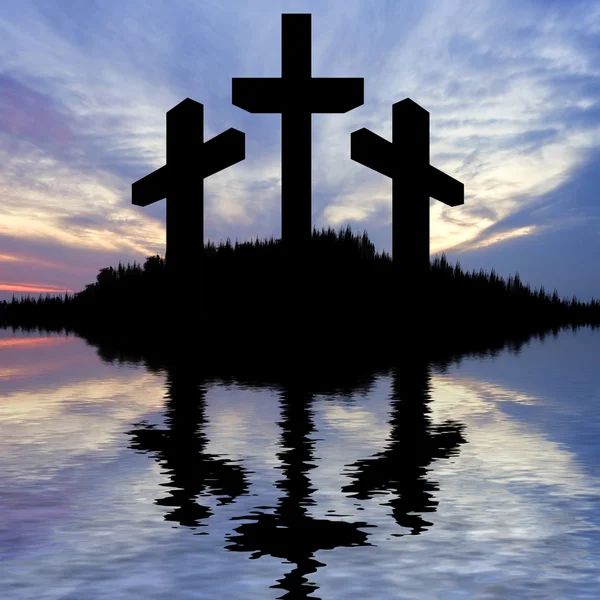 Crocifissione di Gesù Cristo il Venerdì Santo Silhouette riflessa in — Foto Stock