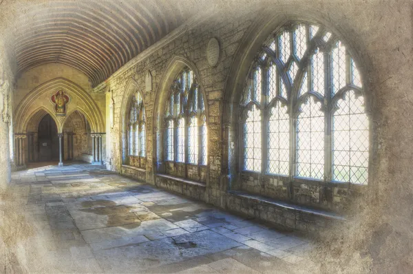 Retro grunge effect on cathedral cloisters image — Stock Photo, Image