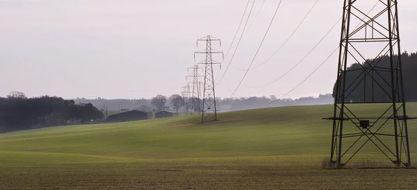 Electricity cable communication towers on sunrise landscape — Stock Photo, Image