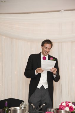 Groom makes speech during wedding reception clipart