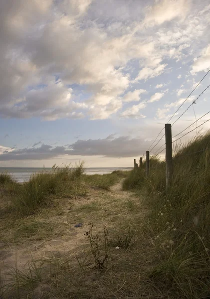 Moody puesta de sol sobre dunas de arena cubierta de hierba en la playa — Foto de Stock