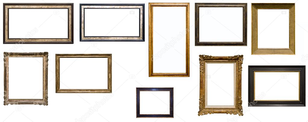 Collection of ten antique picture frames isolated n white