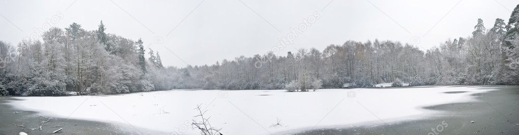 Beautiful large panorama of frozen snow covered lake