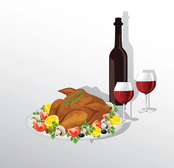 Chutné pečené Turecko nebo slepice a zeleniny a vína — Stockový vektor