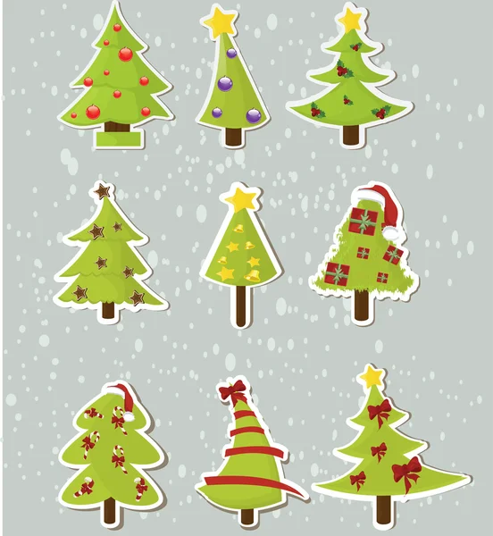 Conjunto de árvores de Natal em adesivos — Vetor de Stock