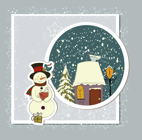 Une jolie carte de Noël avec un bonhomme de neige — Image vectorielle