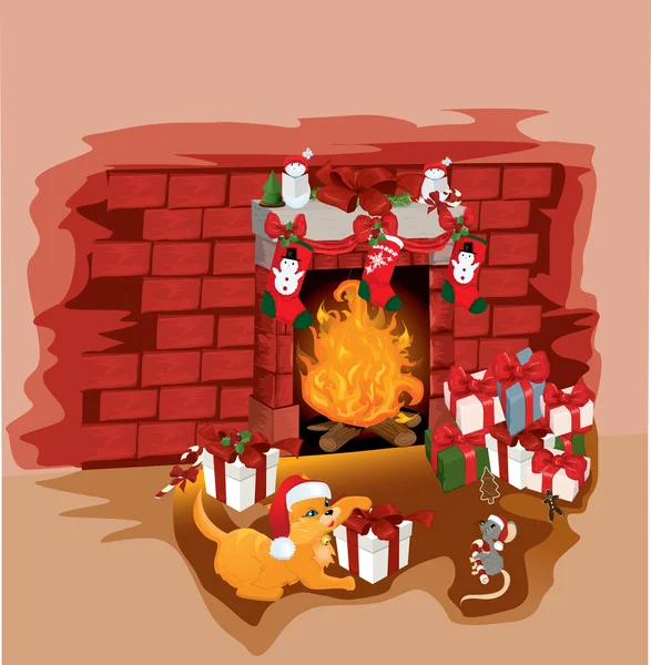 猫とマウスのベクトル イラスト背景に隠れてとクリスマス暖炉 — ストックベクタ