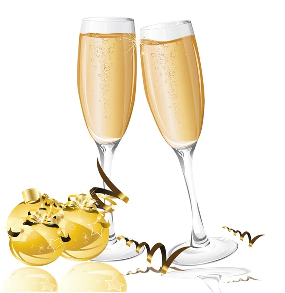 Святковий фон з новорічними кулями та келихами шампанського — стоковий вектор