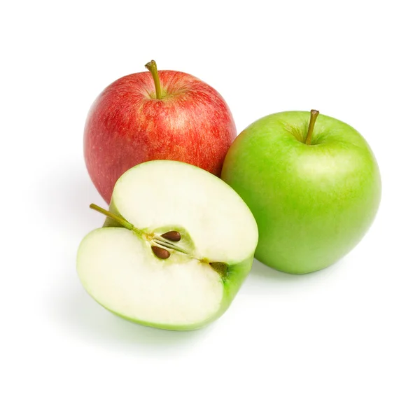 Zelená a červená jablka s řezem — Stock fotografie