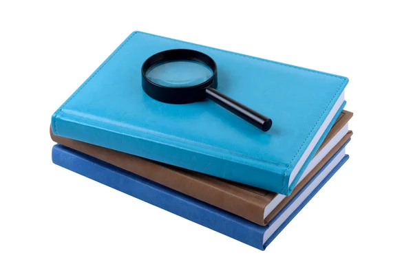 stock image Three books and magnifying lens