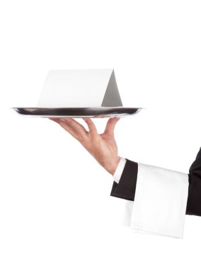 Waiter with tray and empty card clipart