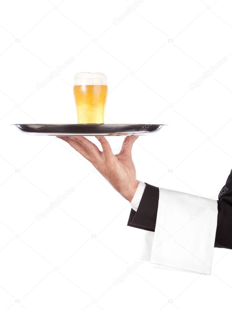 Waiter with tray and glass of beer