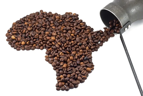 Koffiebonen vormige zoals Afrika en oude koffiepot — Stockfoto