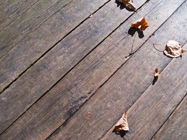 Το φθινόπωρο τα φύλλα πάνω από ξύλινες σανίδες δαπέδου — Φωτογραφία Αρχείου