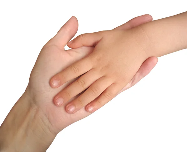 stock image Child's hand on mother's hand isolated on white