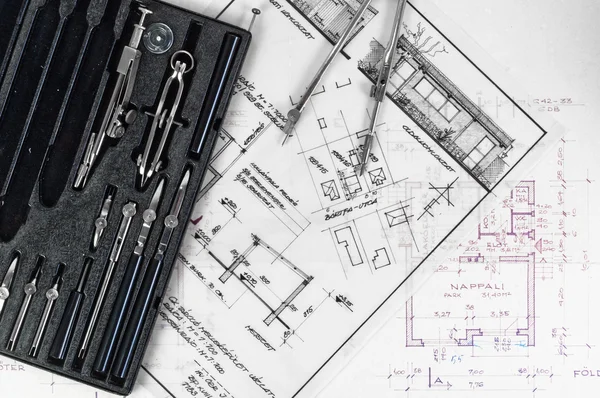 Construction plans with accessories — Stock Photo, Image