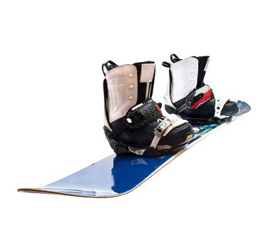 Snowboard and boots isolated on white clipart