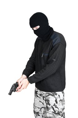 Man in a mask with a gun on a white background clipart