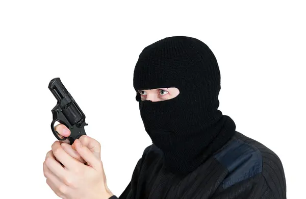 stock image Man in a mask with a gun on a white background