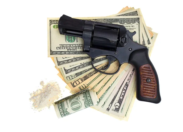 stock image Handcuffs, gun and money isolated on a white background