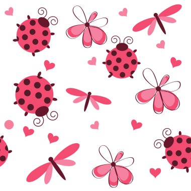 Romantic seamless pattern with dragonflies, ladybugs, hearts and clipart