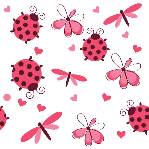 stock image Romantic seamless pattern with dragonflies, ladybugs, hearts and